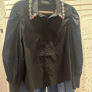 Black Puff Sleeve Top with Embellished Collar